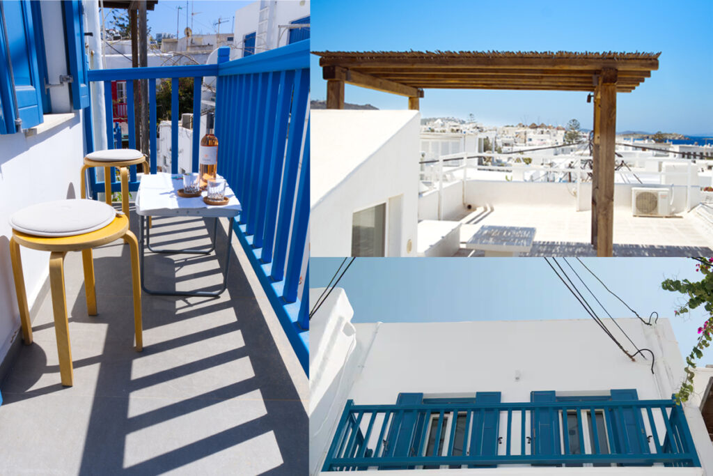 Balconies and terrace with stunning views of Mykonos in Vento Aureo