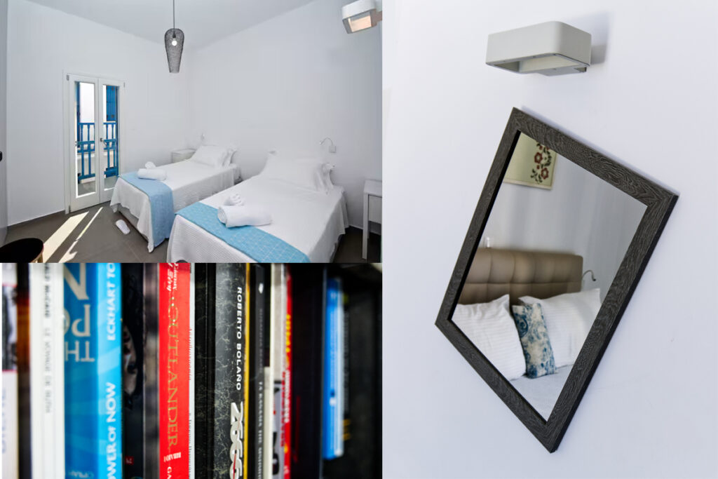 Guest room with two single beds in Vento Aureo Mykonos
