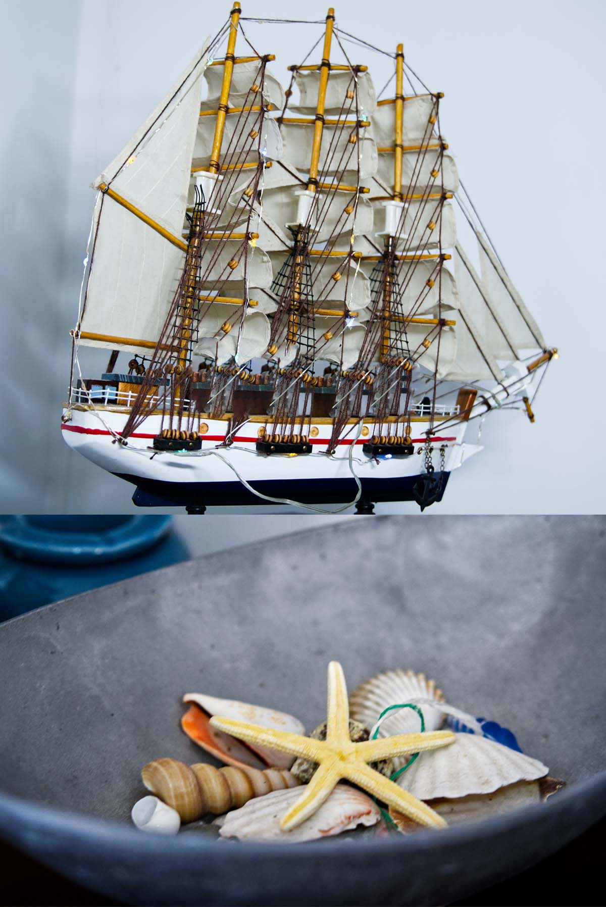 A ship and some seashells as ornaments in Vento Aureo Mykonos